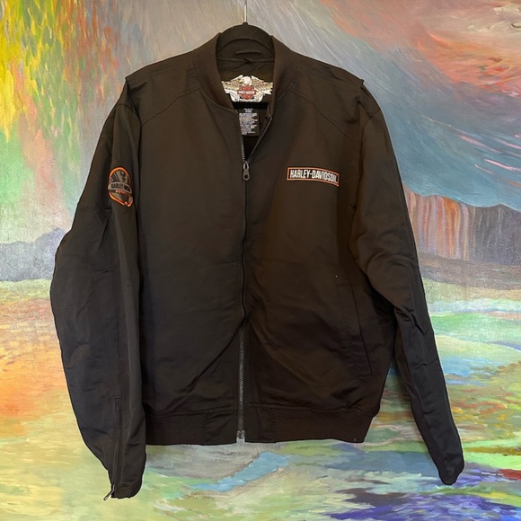 Harley Davidson Black Embroidered Nylon Cotton Blend Full Zip Jacket